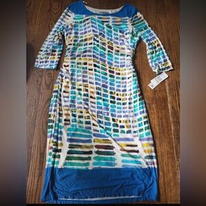 NWT Kay Unger sz 14 Blue Multicolored‎ Geometric Patterned Dress